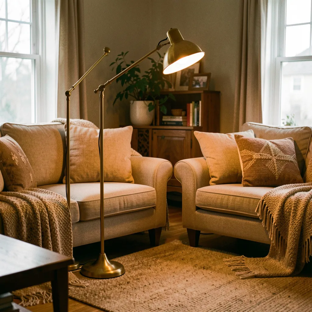 Brass floor lamp in living space